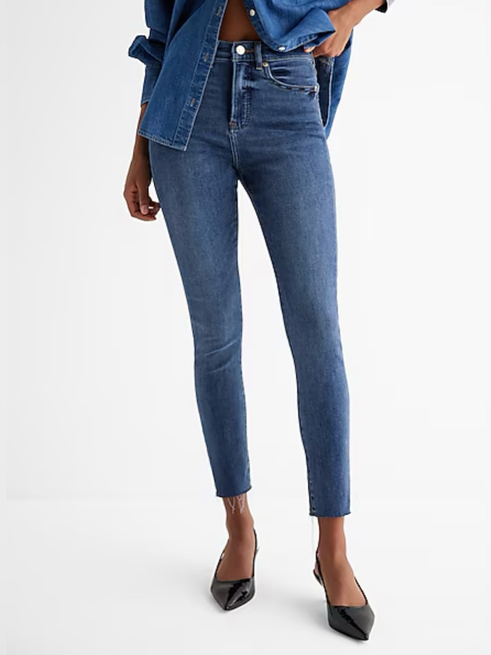 Express High Rise Blue Super Soft Skinny Jeans Stretch 10 Long 10L Denim Raw Hem